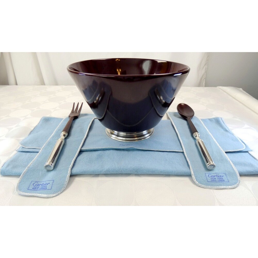 Cartier Genuine Mahogany Sterling Silver Salad Bowl Set Mint Original Bags